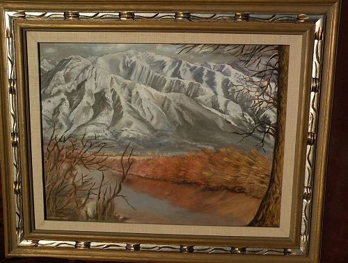 Signed impressionist western American painting of dramatic snowy mountains