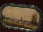 OREGON ART Rare extremely well executed circa 1860s to 1880's watercolor of Mt. Hood Oregon landscape with figures, houses and dogs in Victorian frame