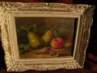 Signed French or Belgian circa 1900 still life painting of pears apples and plums