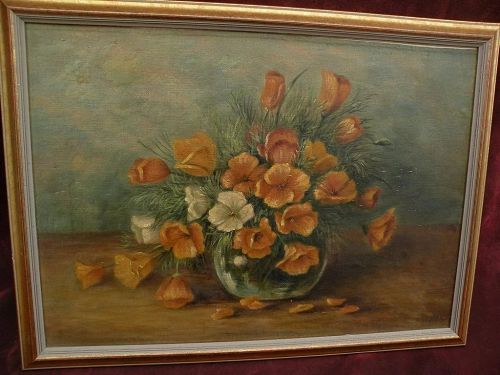 Vintage California still life painting of poppies in vase by listed artist