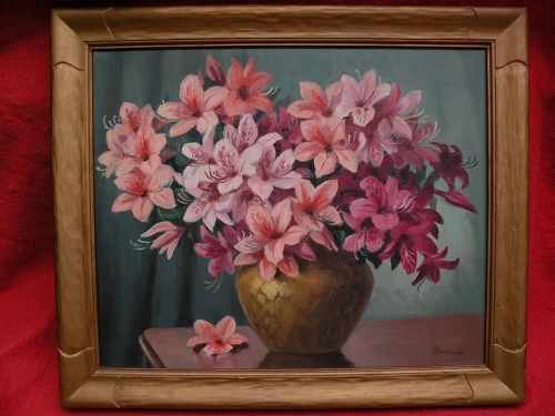 HARRY HAMBRO HOWE (1886-1966) oil still life painting of pink asters in a ceramic vessel