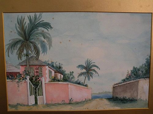 Bermuda art original vintage watercolor of a pink-walled home