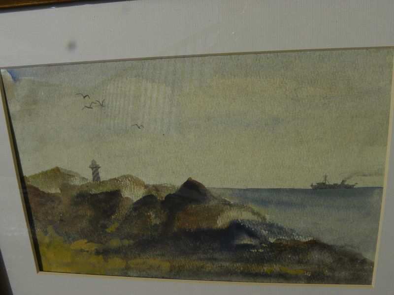 American 19th century watercolor painting coast lighthouse