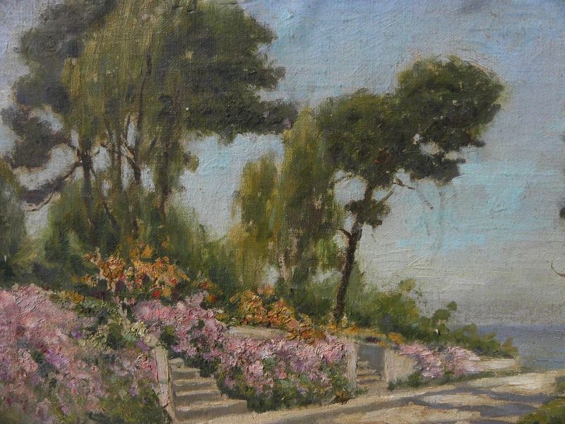 WILLIAM ADAM (1846-1931) California plein air art impressionist painting sunny garden‏ near sea