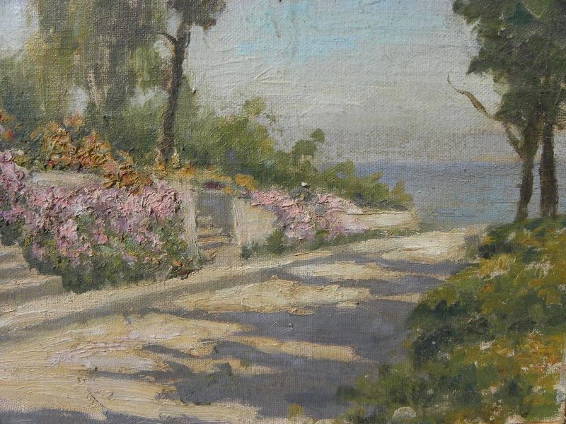 WILLIAM ADAM (1846-1931) California plein air art impressionist painting sunny garden‏ near sea