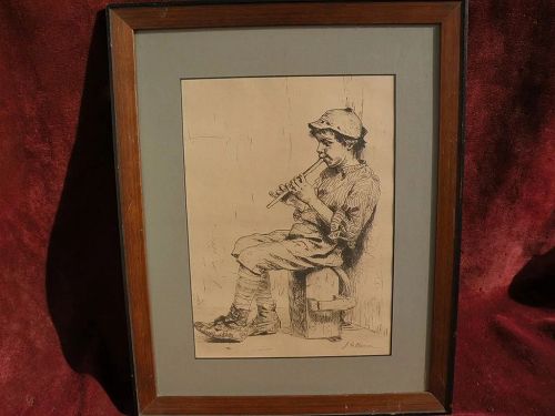 JOHN GEORGE BROWN (1831-1913) American art etching print titled "Business Neglected"