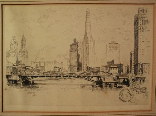 OTTO SCHNEIDER (1875-1946) etching "Chicago From the River" by listed Illinois artist