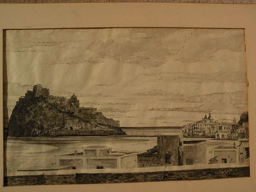 JOHN MORRIS (1920-1991) ink drawing dated 1949 of Ischia Italy by listed surrealist master
