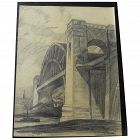 JOHN RICHARD MOORE (1925-2009) early pencil drawing of Hell Gate Bridge New York
