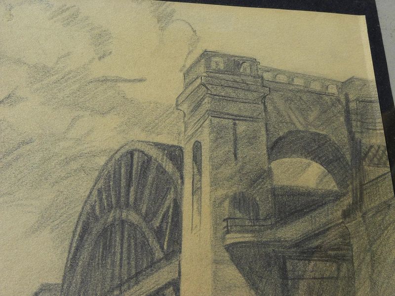 JOHN RICHARD MOORE (1925-2009) early pencil drawing of Hell Gate Bridge New York
