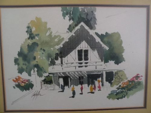 JAKE LEE (1915-1991) California Scene school watercolor art painting of house and figures