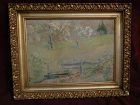 FRANK J. GIRARDIN (1856-1945) Indiana and California impressionist pastel drawing of spring landscape "The Old Watering Place"