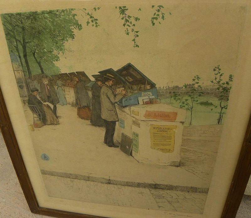 TAVIK FRANTISEK SIMON (1877-1942) aquatint print 1907 bookstalls along the Seine in Paris by Czech artist
