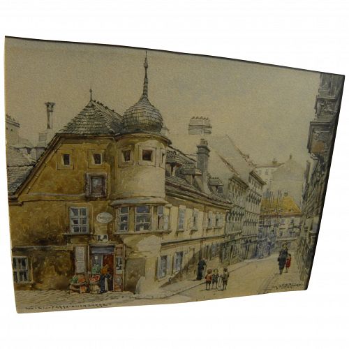 FERI SCHWARZ (1869-1923) fine watercolor painting of Vienna street scene by noted Austrian artist