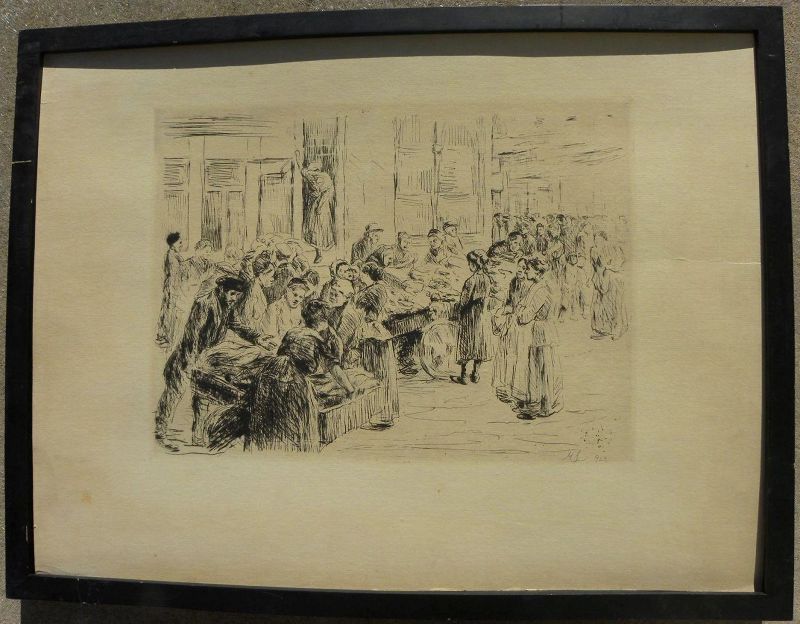 MAX LIEBERMANN (1847-1935) etching of figures in Amsterdam Jewish marketplace by famous German artist
