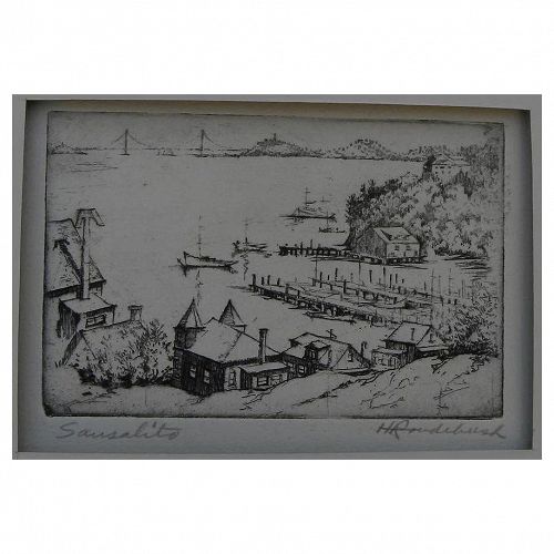 HARRIET GENE ROUDEBUSH (1908-1998) pencil signed etching "Sausalito" by listed San Francisco artist