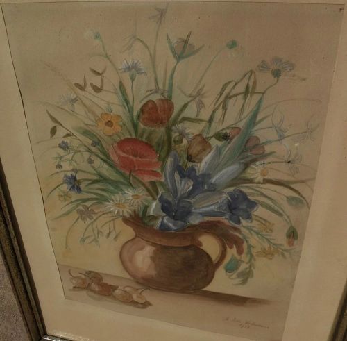 German art signed 1944 watercolor still life painting of wild flowers in a pitcher