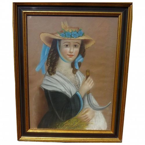 American folk art mid 19th century pastel drawing of a young lady