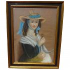 American folk art mid 19th century pastel drawing of a young lady