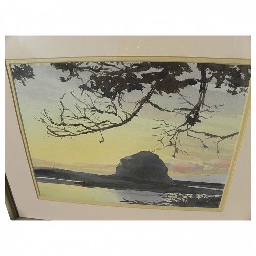 California central coast watercolor landscape painting possibly of Morro Rock at dusk