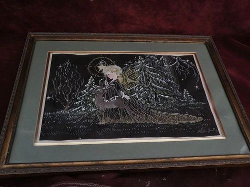 Fanciful original signed gouache painting of Christmas angel and Bambi by HILDA GENTRY