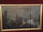 Hudson River 19th century American moonlight painting circa 1885 AS-IS condition