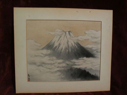 Japanese art vintage watercolor painting of Mt.Fujiyama above the clouds signed