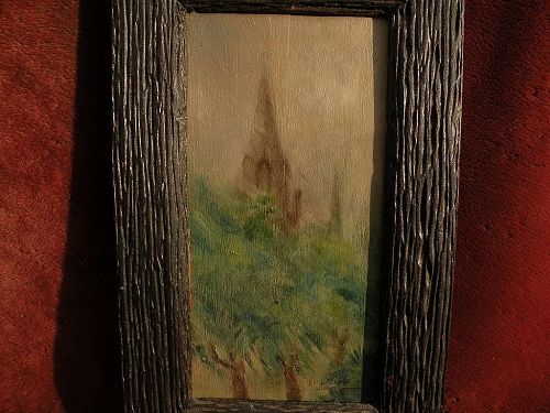 LILLIAN L. VOSBURGH (1857-1956) impressionist painting of French church on wood panel