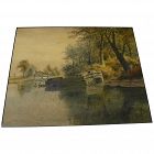 American 19th century watercolor painting barge in forested creek signed dated 1880