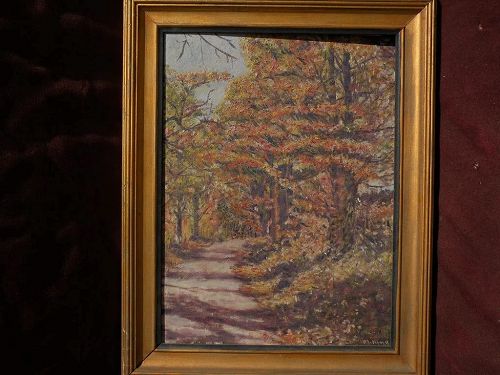 Signed impressionist American painting of autumn forest landscape with road