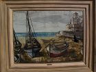 CHARLES LEVIER (1920-2004) French contemporary art very large painting of boats and harbor