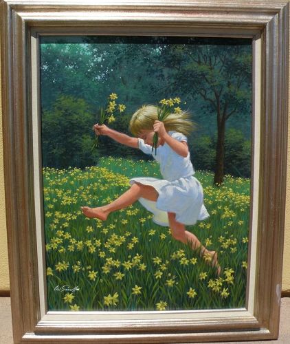 ARTHUR SARNOFF (1912-2000) American illustration art painting of young girl in a field of flowers