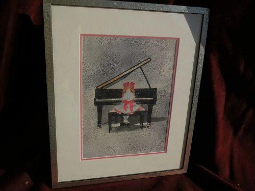 Watercolor painting of young woman at piano reminiscent of Norman Rockwell