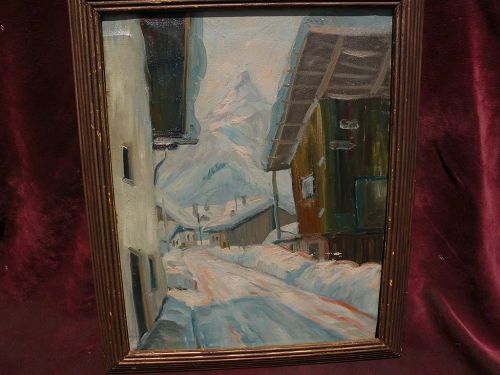Impressionist painting of Tyrolean village in deep snow mid 20th century