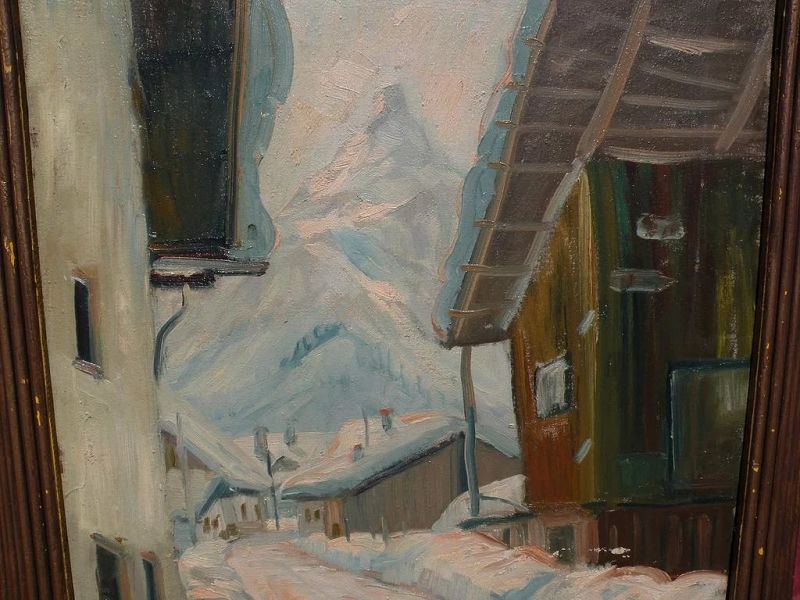 Impressionist painting of Tyrolean village in deep snow mid 20th century