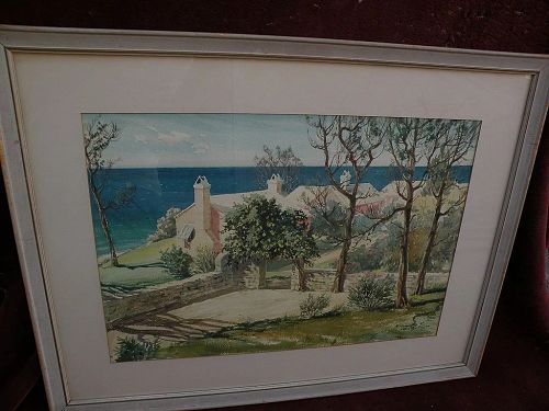 F. KENWOOD GILES (1899/1900-1972) Bermuda art original mid century signed large watercolor painting of  traditional homes by the sea