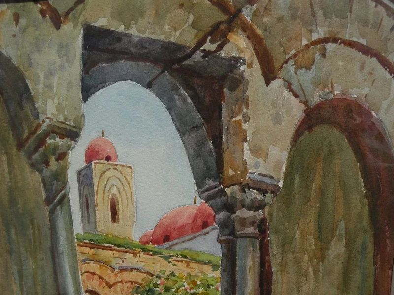 Watercolor painting of Mediterranean church