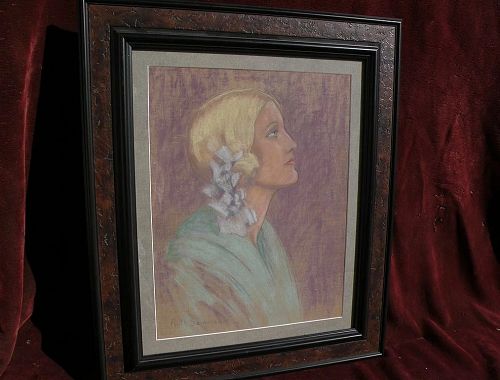 Signed American circa 1930's pastel drawing of a blonde woman in profile