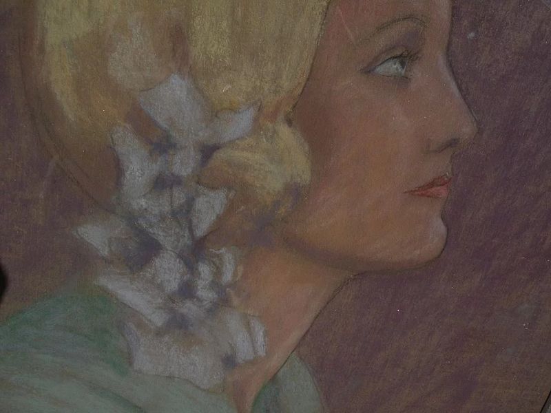 Signed American circa 1930's pastel drawing of a blonde woman in profile