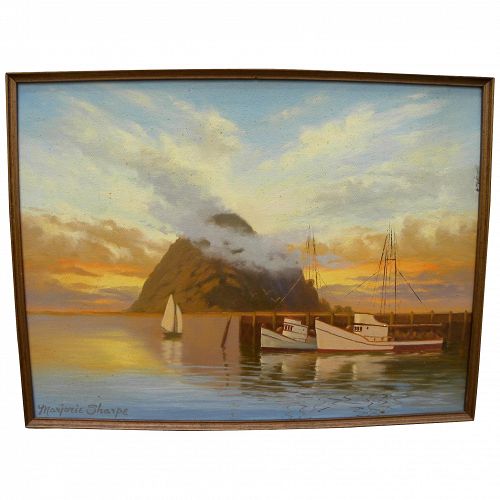 MARJORIE SHARPE (20th century California) plein air luminous painting of sunset over Morro Bay in Central California