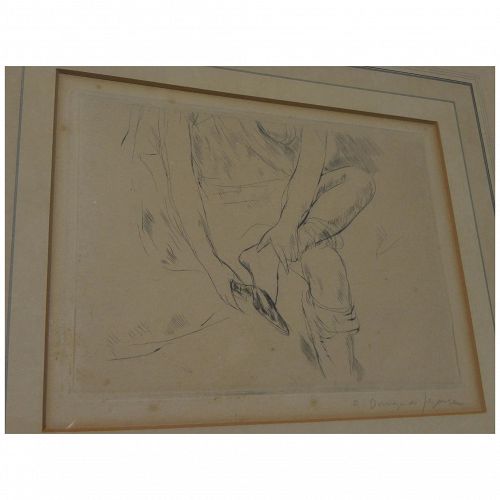 ANDRE DUNOYER DE SEGONZAC (1884-1974) pencil signed etching of lady removing slipper by important French artist