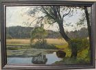 OTTO PETERSEN BALLE (1865-1916) Danish art vintage large painting of a small pond with row boat and ducks in a forest clearing