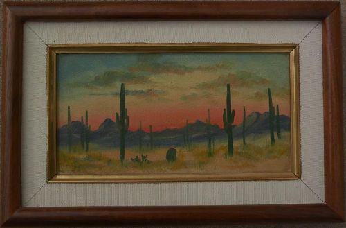 Arizona desert art small oil on board painting of saguaro cactus at sunset