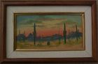 Arizona desert art small oil on board painting of saguaro cactus at sunset