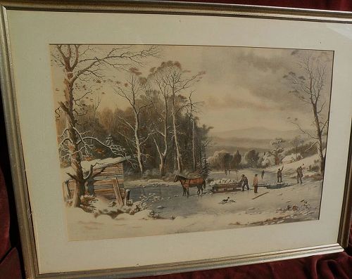 CURRIER & IVES large hand colored restrike print circa 1953 of popular "Winter in the Country"