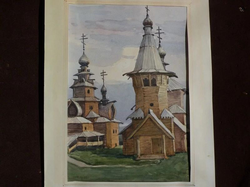 NIKOLAI TROSCHENKOV (1961-) Russian art 1989 original watercolor painting of the Museum of Wooden Architecture at Suzdal