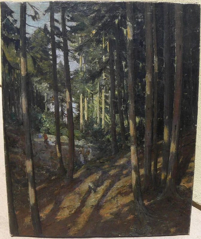 Beautiful circa 1920 American painting of a sun dappled tall tree forest with figures