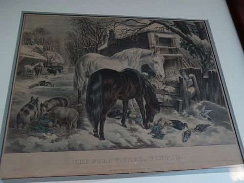 Currier and Ives 19th century American lithograph print "The Straw-Stable in Winter"
