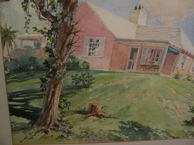 F. KENWOOD GILES (1899/1900-1972) Bermuda art original mid century signed large watercolor painting of traditional island home