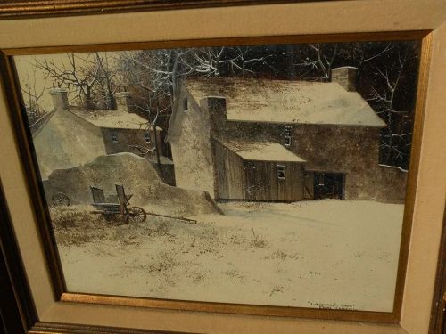 FRANK MOSS HAMILTON (1930-1999) original gouache realism painting of winter landscape with barns by noted California artist‏